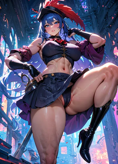 WhiteyBayOP, 1girl, solo, long hair,  flowing blue hair, full lips, confident expression face, large breast, wide hips, black eyes, makeup, weapon, rapier, high heels boots, striped long-sleeved shirt, midriff, navel, groin, hat, cape, pinstripe pattern, s...