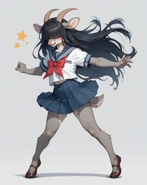 school girl , furry female goat , geek , Introvert , long hair , bangs , hair over eyes , school uniform , bold action , ballet pose , (panty:0.3)