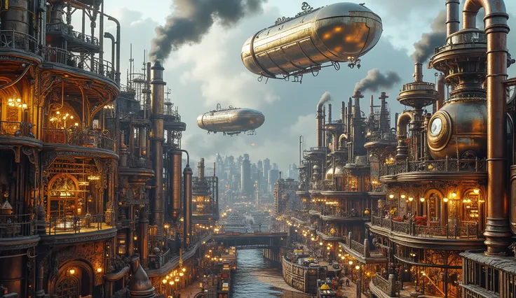 A sprawling steampunk cityscape dominated by glowing gold and silver tones, with a focus on the sky above. Towering Victorian-style buildings feature intricate brass details and glowing neon lights, while massive airships float gracefully in the sky. Their...