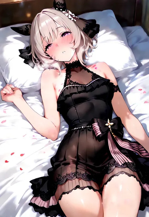 1girl, umamusume, curren chan \(sakutsuki_ma_cherie\) \(umamusume\), see-through, see-through dress, black dress, small breasts, after sex, lying on bed, parted lips, heavy breathing, (hickey:1.2),hickey on her neck, blush, NSFW, explicit, (masterpiece), (...