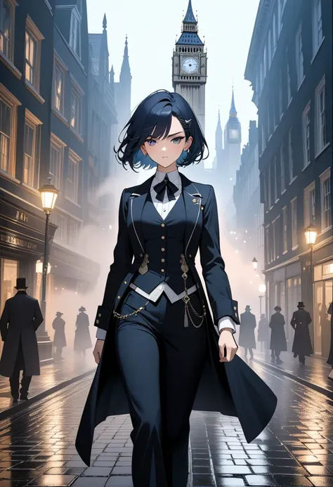 (best quality, masterpiece, ultra highres, ultra-detailed) popart,subtle color,Absurdres,Amazing quality,post-grunge, intricate details, detailed depiction,A young girl dressed in a stylish butler outfit walks through the misty streets of London. She wears...