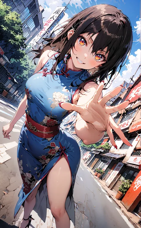 Yukina Himeragi, short hair, black hair, brown eyes,Alone,smile, grin ,Medium breast,Sleeveless blue Chinese clothes , blue long slit , pin heels, putting one hand on the waist , angle from below, is standing,whole bodyがイラストに入るように, ...