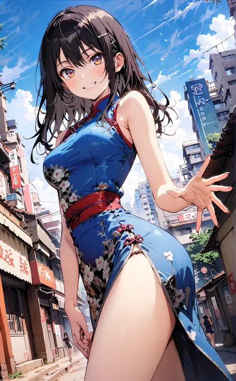 Yukina Himeragi, short hair, black hair, brown eyes,Alone,smile, grin ,Medium breast,Sleeveless blue Chinese clothes , blue long slit , pin heels, putting one hand on the waist , angle from below, is standing,whole bodyがイラストに入るように, ...