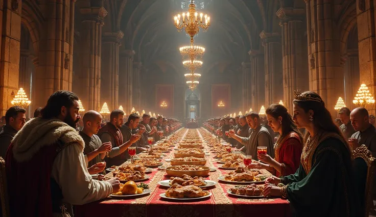  A large medieval room with tables full of meat,  glasses of wine and musicians playing in the background . A king and queen enjoy a feast .