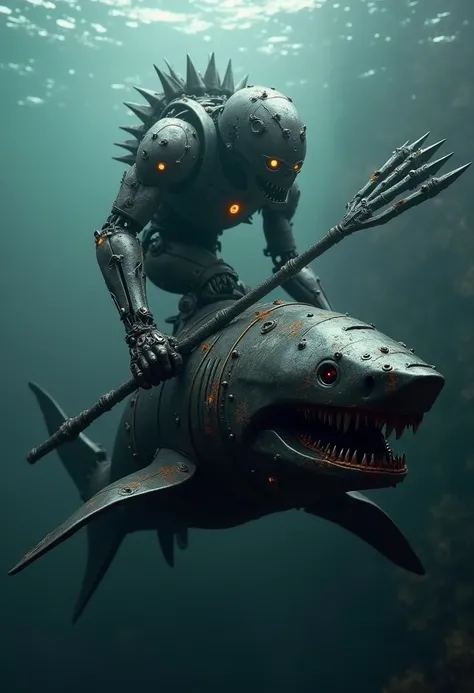 In the horror vibe :  A robot man made of dark metal detailed with sharp teeth ,  with a trident in his hands mounted on a black metal robot shark with gold details under the ocean