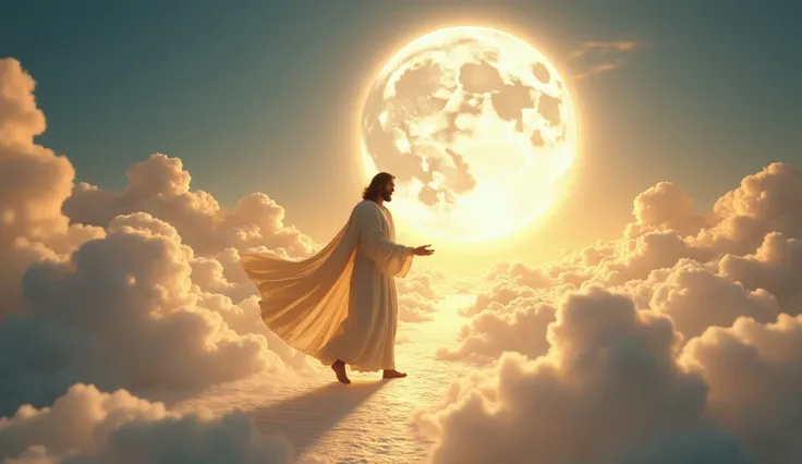 A hyper-realistic and spiritually profound depiction of Jesus Christ walking gracefully across a pathway of soft, radiant clouds high above the earth. Each step leaves a gentle glow as he moves with divine serenity. Behind him, a magnificent full moon shin...