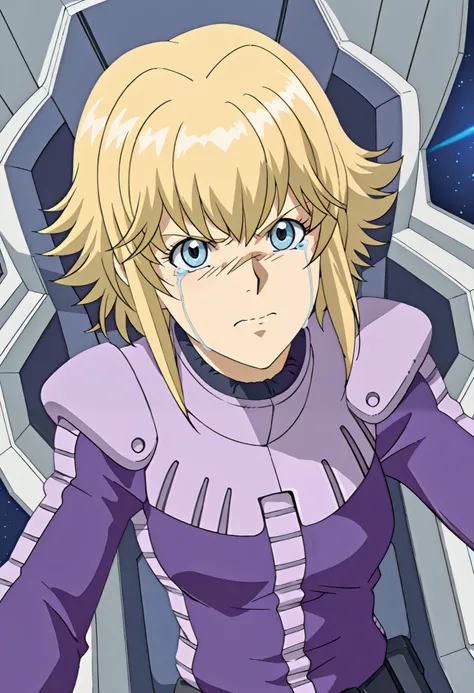 masterpiece, best quality,source_anime,Lilia Flaubert ,blonde hair,pilotsuit,upper body、 cockpit in the background、 sits in the cockpit、 crying face、 歯を食いしばっている、Angle seen from the front 、

