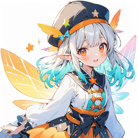 girl, blinking, best quality, milky white and blue gradient hair color, colorful and cute gothic kimono costume, star fairy, little fairy feathers growing from above waist, simple background, orange and navy blue color palette, casquette hat with rainbow m...