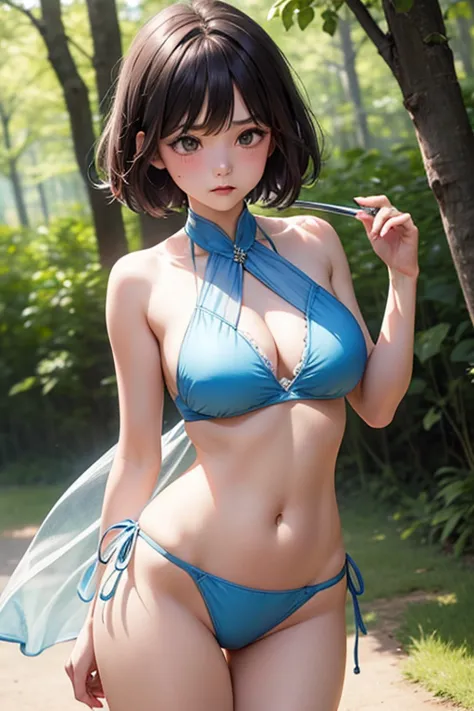  Hair、 short bob、transparent light blue bikini armor、 low angle、The hem of the dress is pretty short、sassy gal girl、Swordsman、forest、 blue ribbon on the chest、blush、 halter neck、String Panties、 ashamed face