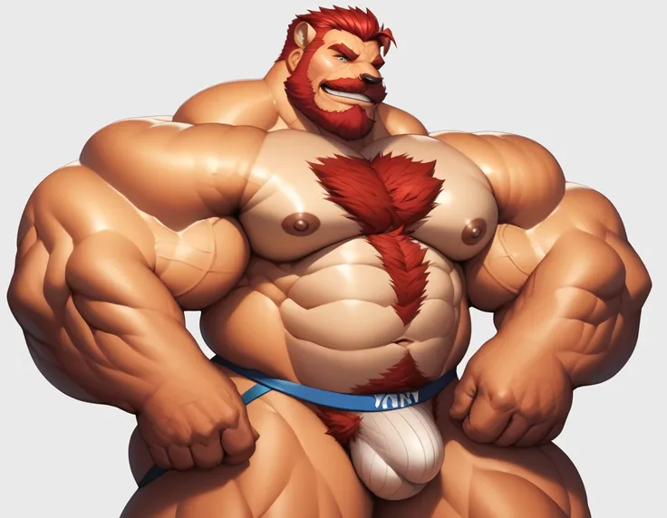 solo, 1boy, Muscular Old man, wide shoulder, pectoral, thick arms, crossarm, chest hair, arms hair, pubic hair, huge pectoral, wide pectoral, short red hair, jockstrap and shirtless, simple background, masterpiece, semirealistic:1.2, high detailed, 8k, hig...