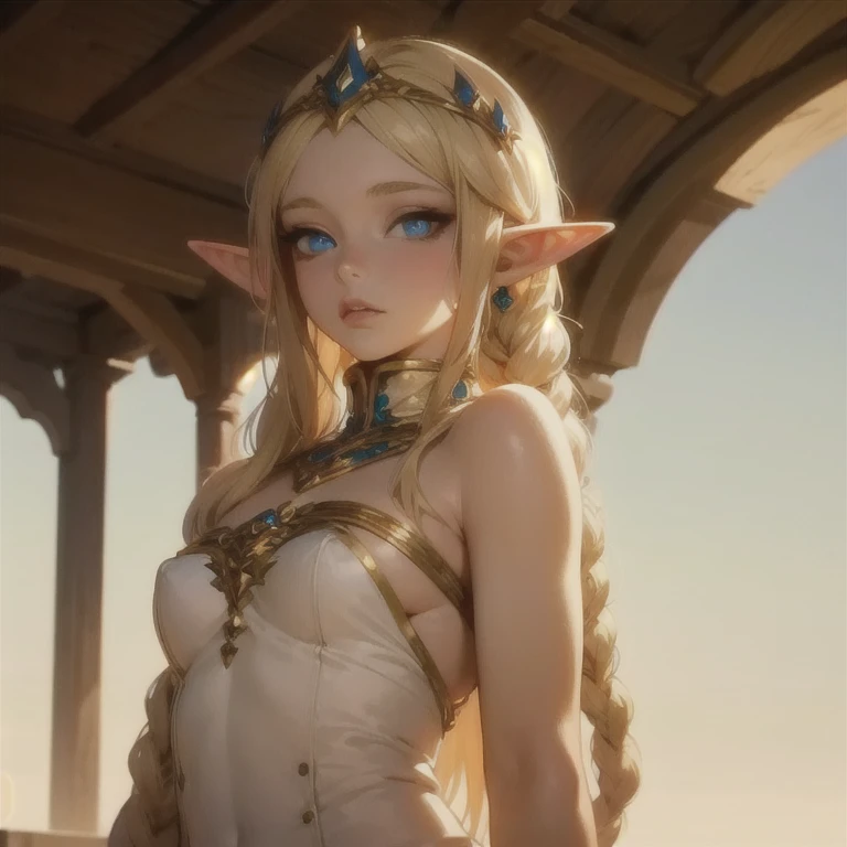  A young elf princess ,female elf, long blond hair in braids, blue sky eyes,  Thin Lips, round and delicate face , very small breasts , body beautiful and delicate, white skin,  wearing Elf princess clothes ,18-year-old elf nymphet 