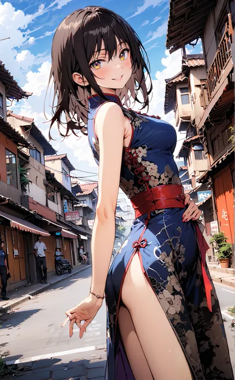 Yukina Himeragi, short hair, black hair, brown eyes,Alone,smile, grin ,Medium breast,Sleeveless blue Chinese clothes , blue long slit , pin heels, putting one hand on the waist , angle from below, is standing,whole bodyがイラストに入るように, ...