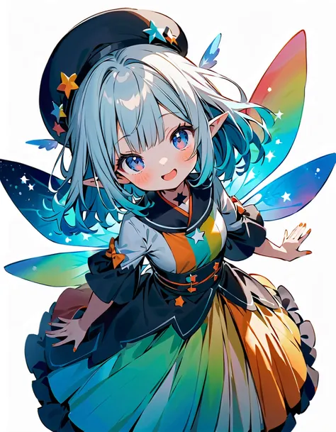 girl, blinking, best quality, milky white and blue gradient hair color, colorful and cute gothic kimono costume, star fairy, little fairy feathers growing from above waist, simple background, orange and navy blue color palette, casquette hat with rainbow m...