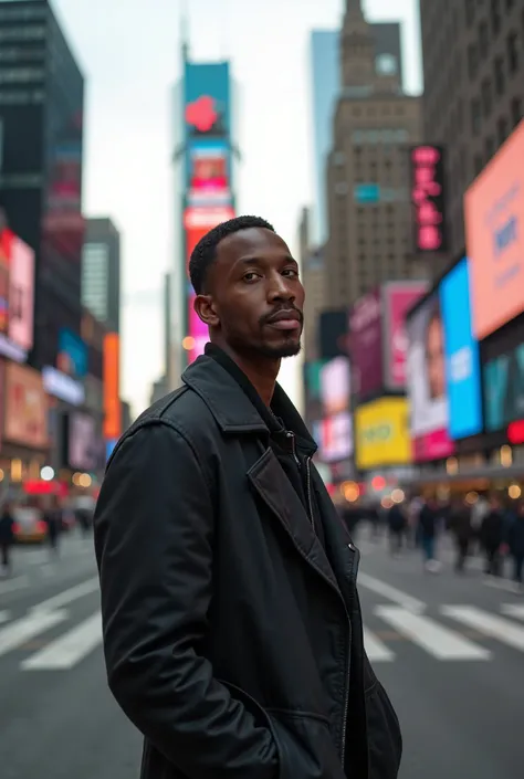 arafed man standing on a city street in front of a busy street, an album cover inspired by Gordon Parks, unsplash, realism, jamel shabazz, photo in style of tyler mitchell, standing in times square, standing in time square, in style of tyler mitchell, in t...