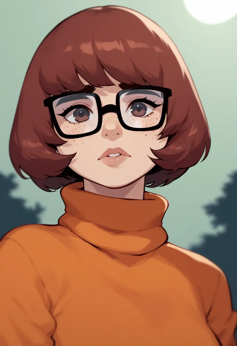 score_9, score_7_up, 1girl, solo, velma dace dinkley, freckles, turtleneck sweater, haunted house \(attraction\), portrait, depth of field