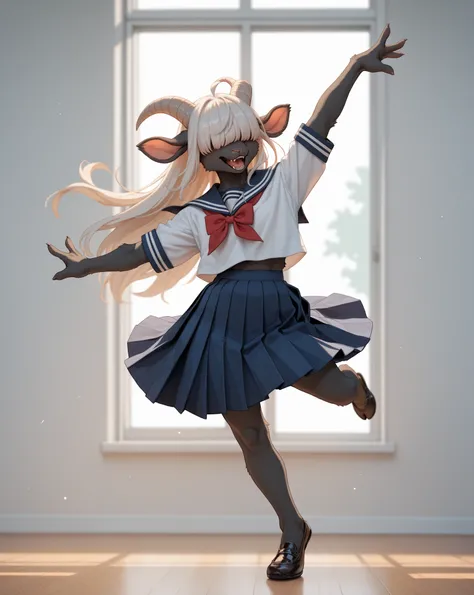 school girl , furry female goat , geek , Introvert , long hair , bangs , hair over eyes , school uniform , bold action , ballet pose , (panty:0.3)