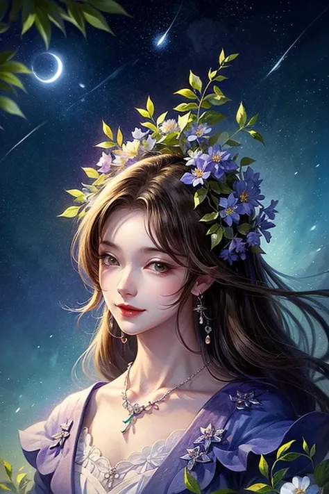 intense ink painting、 top quality、 masterpiece、 high image quality、 Official Art、 young, graceful and beautiful woman、Perfect face 、Brown-black long hair 、 perfect style、I'm wearing a light purple see-through dress、 earrings、 necklace、 The whole picture is...