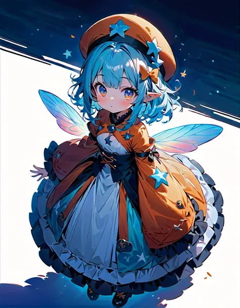 masterpiece, high quality, detailed, ultra detailed, hyper detailed, insanely detailed, exquisite, beautiful, full body shot, girl, blinking, best quality, milky white and blue gradient hair color, colorful and cute gothic kimono costume, star fairy, littl...