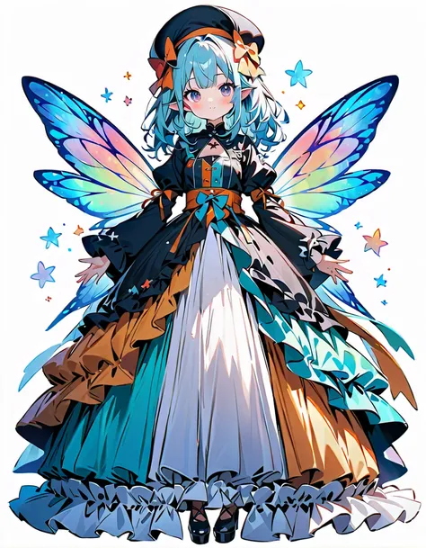 masterpiece, high quality, detailed, ultra detailed, hyper detailed, insanely detailed, exquisite, beautiful, full body shot, girl, blinking, best quality, milky white and blue gradient hair color, colorful and cute gothic kimono costume, star fairy, littl...