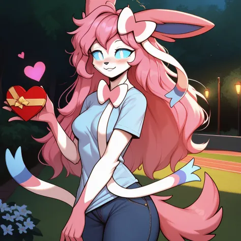 Loving expression, valentines day, 1girl, anthro, furry, fur, fluffy fur, fluffy big fluffy pink tail, sylveon girl, pink hair, medium/long hair, soft/messy hair, (19 years), white eyes, blue sclera, glowing eyes, smiling, medium breast, natural breasts, t...