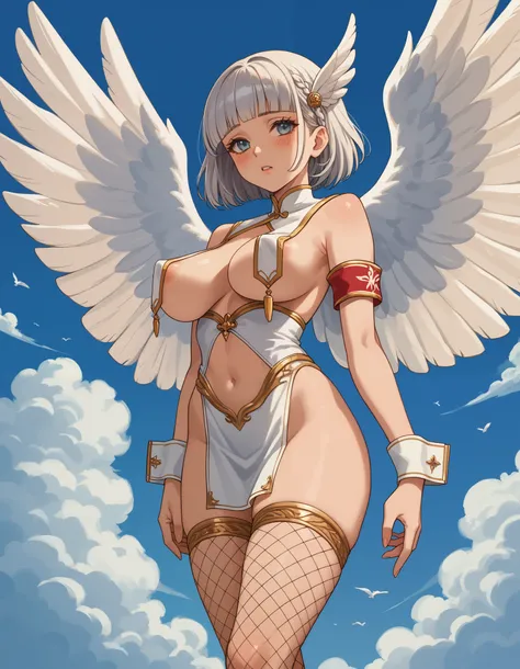 score_9, score_8_up, score_7_up, score_6_up, score_5_up, score_4_up, Anime, anime_screencap, (masterpiece), best quality, stunningly sexy beautiful woman, two even wings, Titanium_white wings, 2wings, White_dove bird, (vividcolors), flying above the clouds...