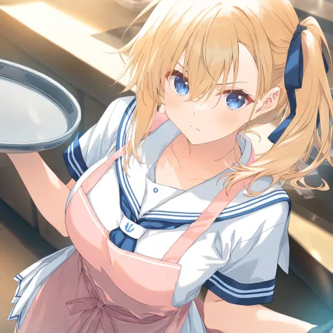 1girl, Hair ribbon, Bang between eyes, Side ponytail, Medium hair, Blonde hair, Blue eyes, Tsundere, Blush, Holding tray of monaka, blue and pink Apron, Sailor uniform, Young, Breasts, Short sleeve,fantasy, game CG, break, Anime,(artist:mitsumi_misato),art...