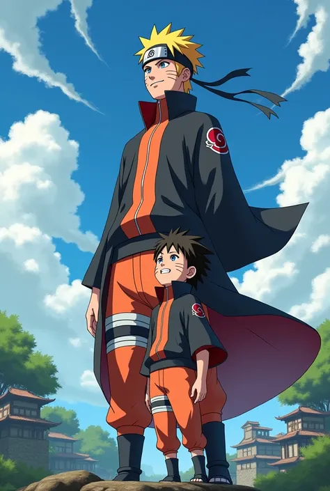 Naruto over Paper Village wearing Hokage and smiling with Boruto behind him with his father's cheeks reddened 