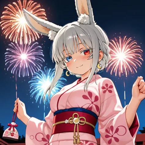 Semi-human werewolf puppy gray hair,  smile,  red eyes, Japanese gray armor with shades of red ,  wolf ears,  giving a gift to a nanachi Bunny Ears,  crescent earrings ,  blue eyes, blush,  slender body,  medium breasts, wearing a kimono with a linen and c...