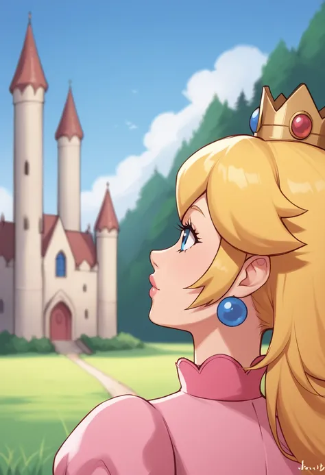 score_9, score_7_up, 1girl, solo, portrait, princess peach, blonde hair, castle, depth of field, outdoors, blue sky, grass,