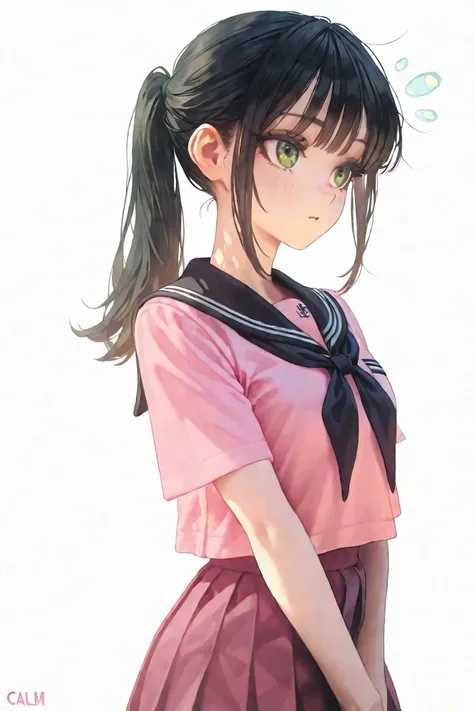 1girl, solo, black hair, green eyes, ponytail, sidelocks, calm expression, school uniform, pink shirt, dark pink skirt, white background