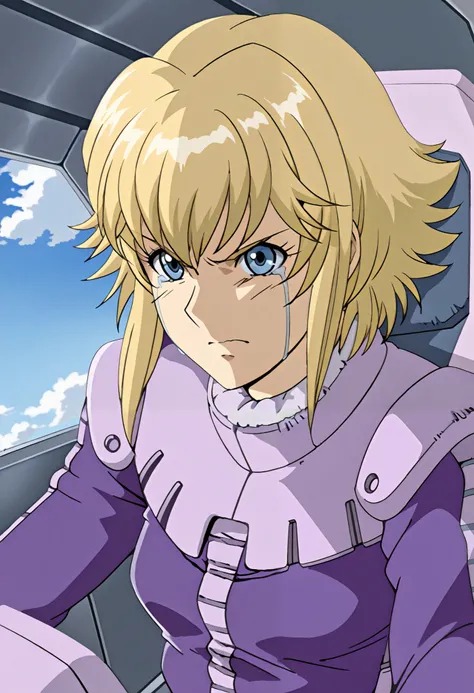 masterpiece, best quality,source_anime,Lilia Flaubert ,blonde hair,pilotsuit,upper body、 cockpit in the background、 sits in the cockpit、 crying face、 歯を食いしばっている、Angle seen from the front 、
