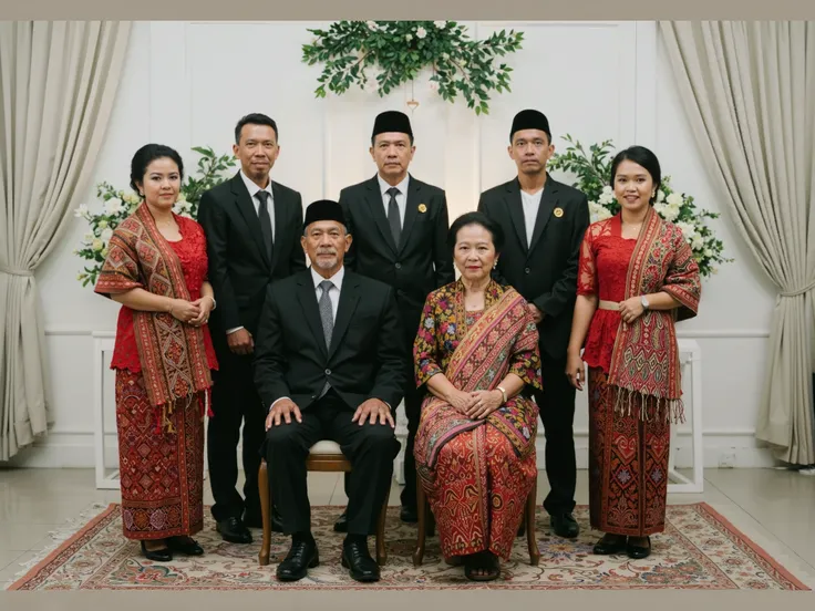 Photo of a dark-skinned eastern Indonesian family, father and mother aged 60, sitting on chairs, father wearing a black suit while mother wearing a red Kebaya With a traditional patterned woven shawl on her shoulders.Then two adult men and one woman stood ...