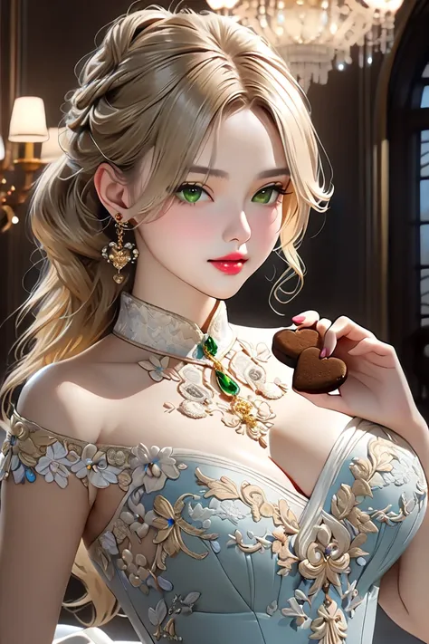  realistic portrait of a woman from the Dutch Golden Age 、 A girl with blond hair wears a gorgeous dress and has a cute gift box containing a large heart-shaped cookie in a luxurious mansion room、 The girl is shyly trying to give cookies to viewers 、 girl ...