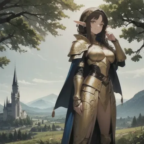  A beautiful and attractive elf with brown hair and gray eyes dressed in fine and elegant gold armor with a blue electrical pattern engraved on her armor,  with a thick skin cape and a sword in her hand ,  standing on a mountain looking out into a dense fo...