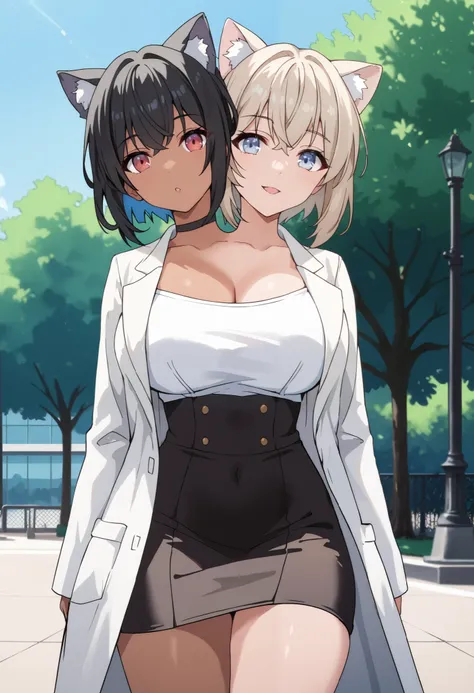 2heads, twoheads, a tall thin woman with 2 heads, white hair, black hair, blue eyes, red eyes, half dark skin and light beige skin, two tone skin, light beige skin, dark skin, white shirt, lab coat, black pencil Skirt, white cat ear, black cat ear, large b...