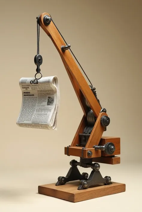 Handmade mechanical crane,  Wooden Base , wooden arm, holding a newspaper , Animated for a newspaper logo 