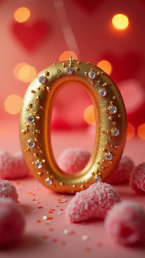 A golden letter 'O' with a beautiful design,  with soft edges and subtle details of diamonds encrusted . The background is romantic ,  with pastel Valentine's Day tones and dim lights that create a warm atmosphere.