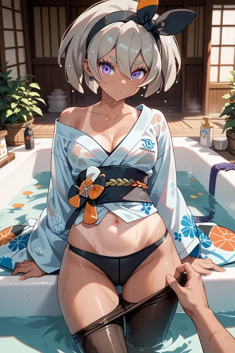 bea (pokemon), tanlines, kimono, clothed bath, nape focus, wet, pantyhose pull, midriff peek, 