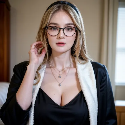 ((((bbw)))) Masterpiece, High Quality, Solo, a woman in a dress and a jacket, long hair, breasts, blonde hair, large breasts, cleavage, hairband, glasses, indoors, necklace, lips, black jacket, tattoo, short dress, pink dress, plump, round eyewear, fat