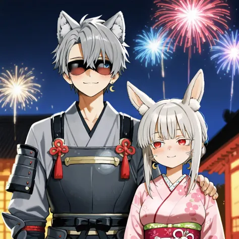 Male semi-human werewolf gray hair,  smile,  red eyes, Japanese gray armor with shades of red ,  wolf ears, Giving a gift to a Nanachi Bunny Ears,  crescent earrings ,  blue eyes, blush,  slender body,  medium breasts, wearing a kimono with a linen and che...