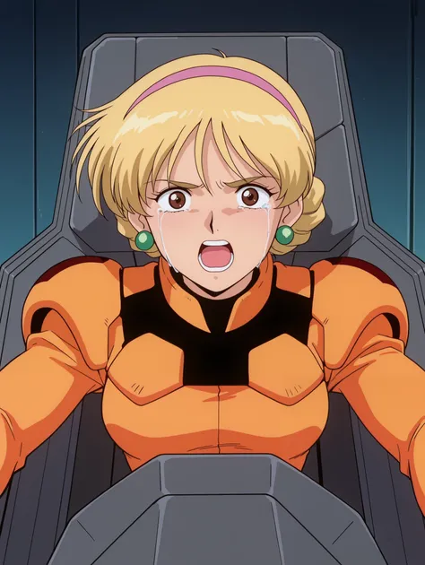 masterpiece, best quality, newest, absurdres, highres, detailed eyes, beautiful, detailed background, perfect eyes, anime coloring, anime screencap, 1990s \(style\), 1girl , Alone, KATEJINA'S STORY. blonde hair, short hair, single bun, french braid, pin...