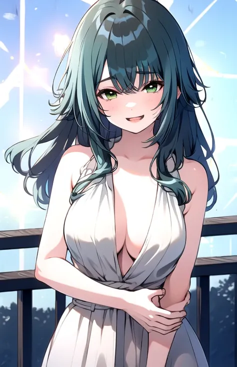 ( masterpiece,  top quality),  high definition background , perfect lighting top quality, Temari Tsukimura , Alone,  outdoor, city,   Dark Green Hair  , stupid hair,  side bangs , Messy Hair,   very long hair,  GREEN EYES,  medium boobs, ( is putting her h...