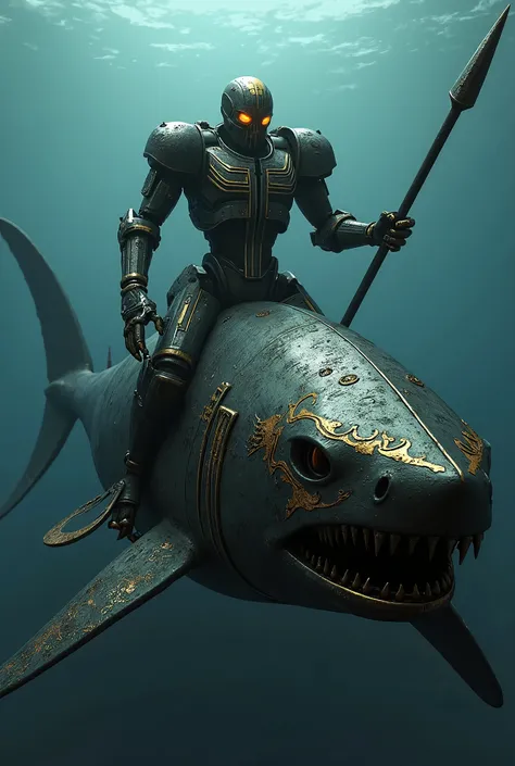 horror style: A dark metal robot rider with gold details and skull-like eyes and nose , The mouth is vertical lines , With a spear in hand mounted on a giant dark metal shark robot detailed with gold markings under the ocean 