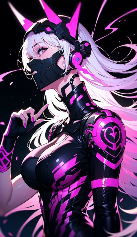 1girl, white hair, multicolored hair, long hair, hair moving on wind,  purple neon eyes, technologic mask on head, sidelighting, light particles in background, wallpaper, costeletas longas, seios medios, decote na camisa, jaqueta bolha, 