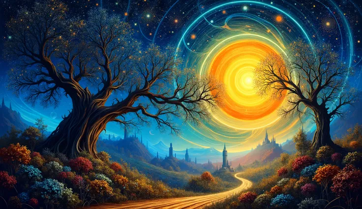 a striking night scene with a large, luminous moon surrounded by swirling patterns of stars and vibrant colors. In the foreground, two silhouetted trees with intricate branches create a dramatic contrast against the bright backdrop. A winding path leads to...