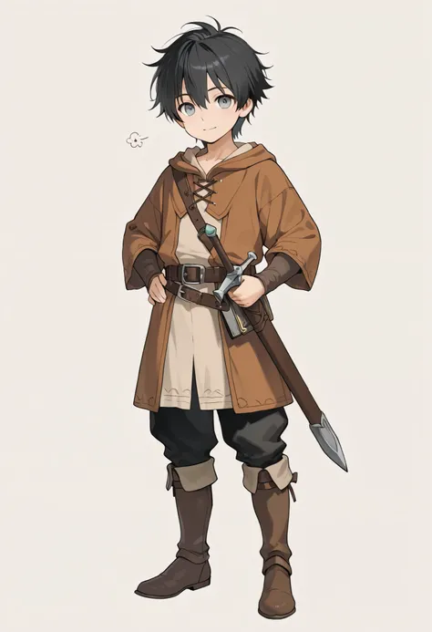 young male adventurer, 19 years old, short messy black hair, bright gray eyes, innocent and optimistic expression, wearing simple earthy-toned traveler's attire (green, brown, and beige), equipped with a well-maintained one-handed sword, a small magic book...