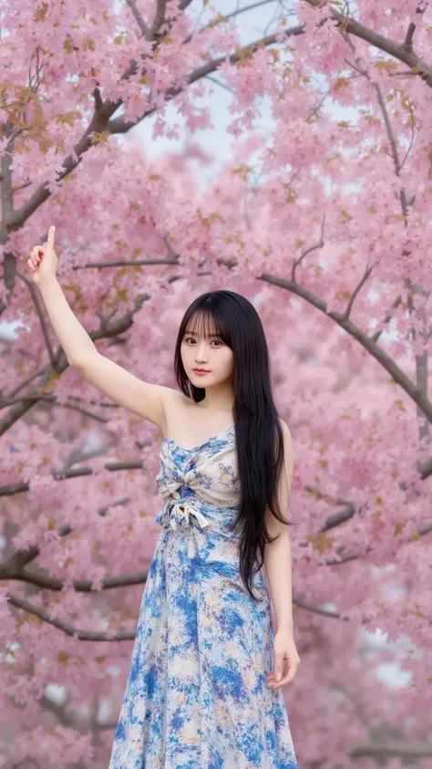 A virtual idol in a traditional Japanese outfit with a modern twist—her kimono has digital patterns and light-up elements. Her long black hair flows as she performs an elegant dance under cherry blossoms that are glowing with soft pink light."