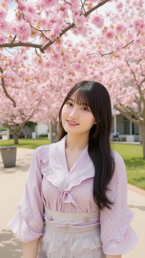 A virtual idol in a traditional Japanese outfit with a modern twist—her kimono has digital patterns and light-up elements. Her long black hair flows as she performs an elegant dance under cherry blossoms that are glowing with soft pink light."