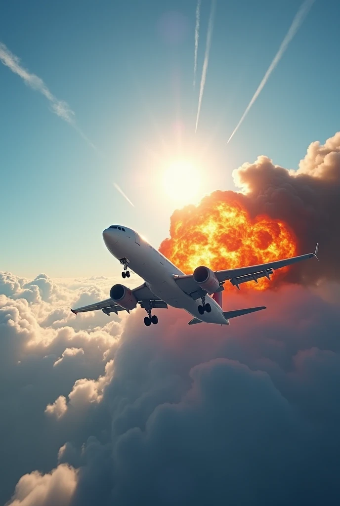 The image showcases a dramatic mid-air scene featuring a commercial airplane flying amidst the clouds while a massive explosion erupts behind it. The explosion is intense, with bright orange and yellow flames bursting through thick, dark smoke, creating a ...