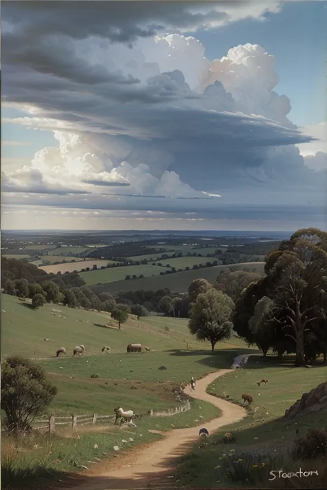 Imagine style from arthur streeton painting view from a hilltop a small house a large tree in a meadow with storm clouds and big mountain in the distance and birds in the sky